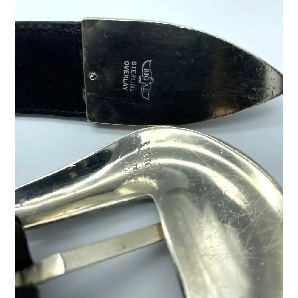 Vtg Big Al‎ ,Al Beres black Leather Belt Silver overlay Buckle 36 USA, Beretta